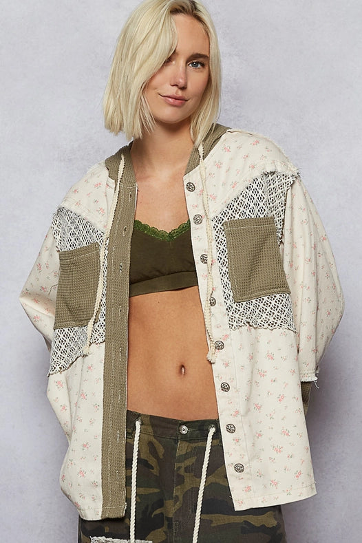 Balloon Sleeve Frayed Edge Detail Hoodie Jacket