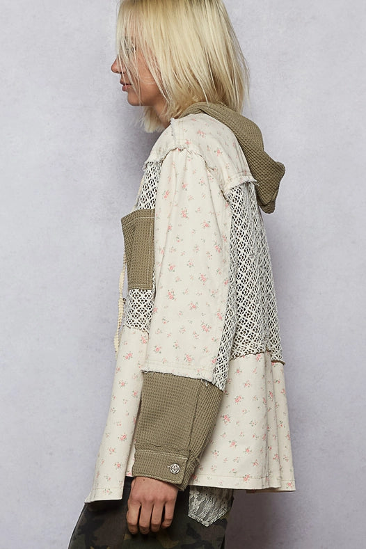 Balloon Sleeve Frayed Edge Detail Hoodie Jacket