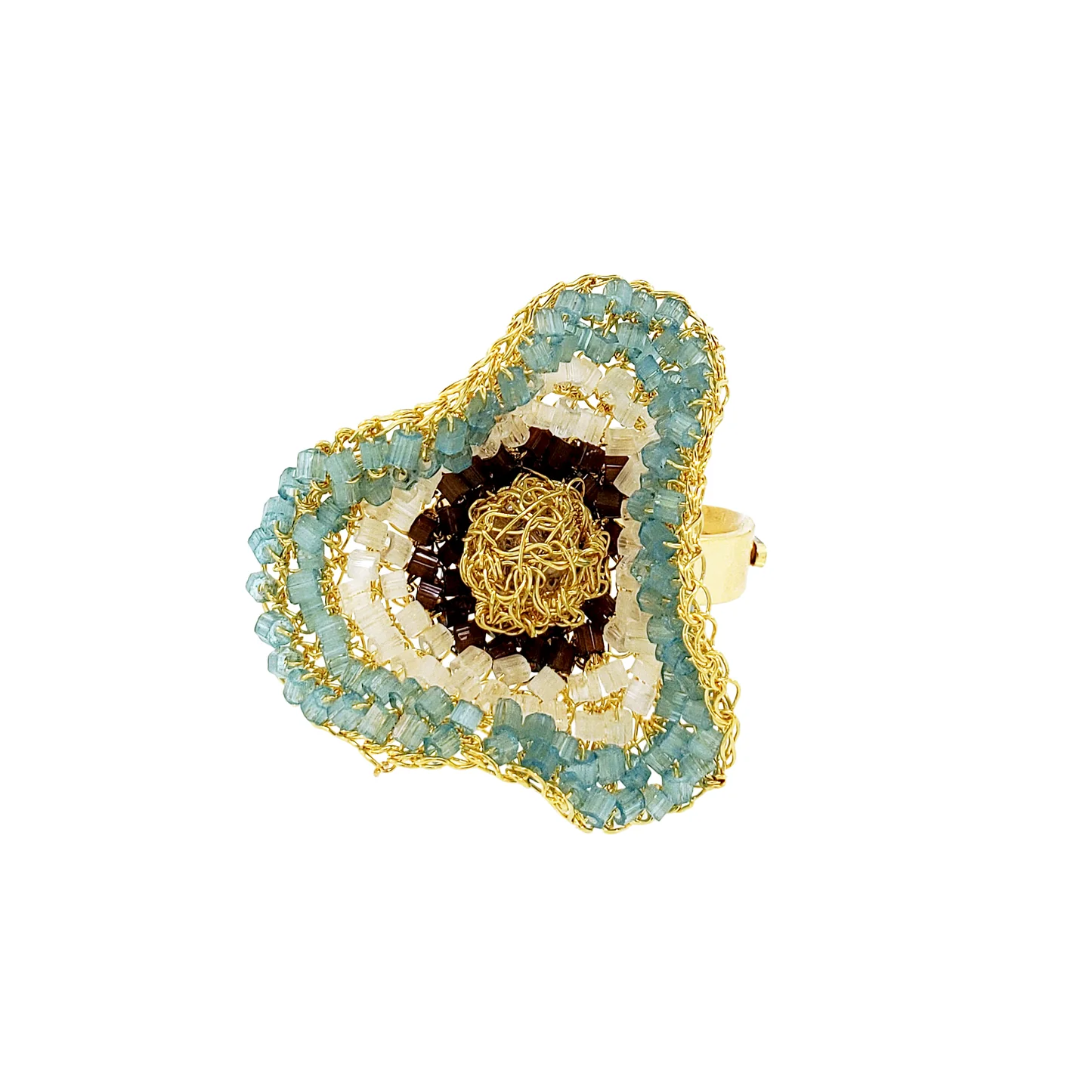 Blue & Brown Mix Buttercup Crystal Handmade Crochet Ring